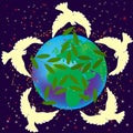 An icon of five white doves with olive branches circled the globe against a dark blue night sky. Royalty Free Stock Photo
